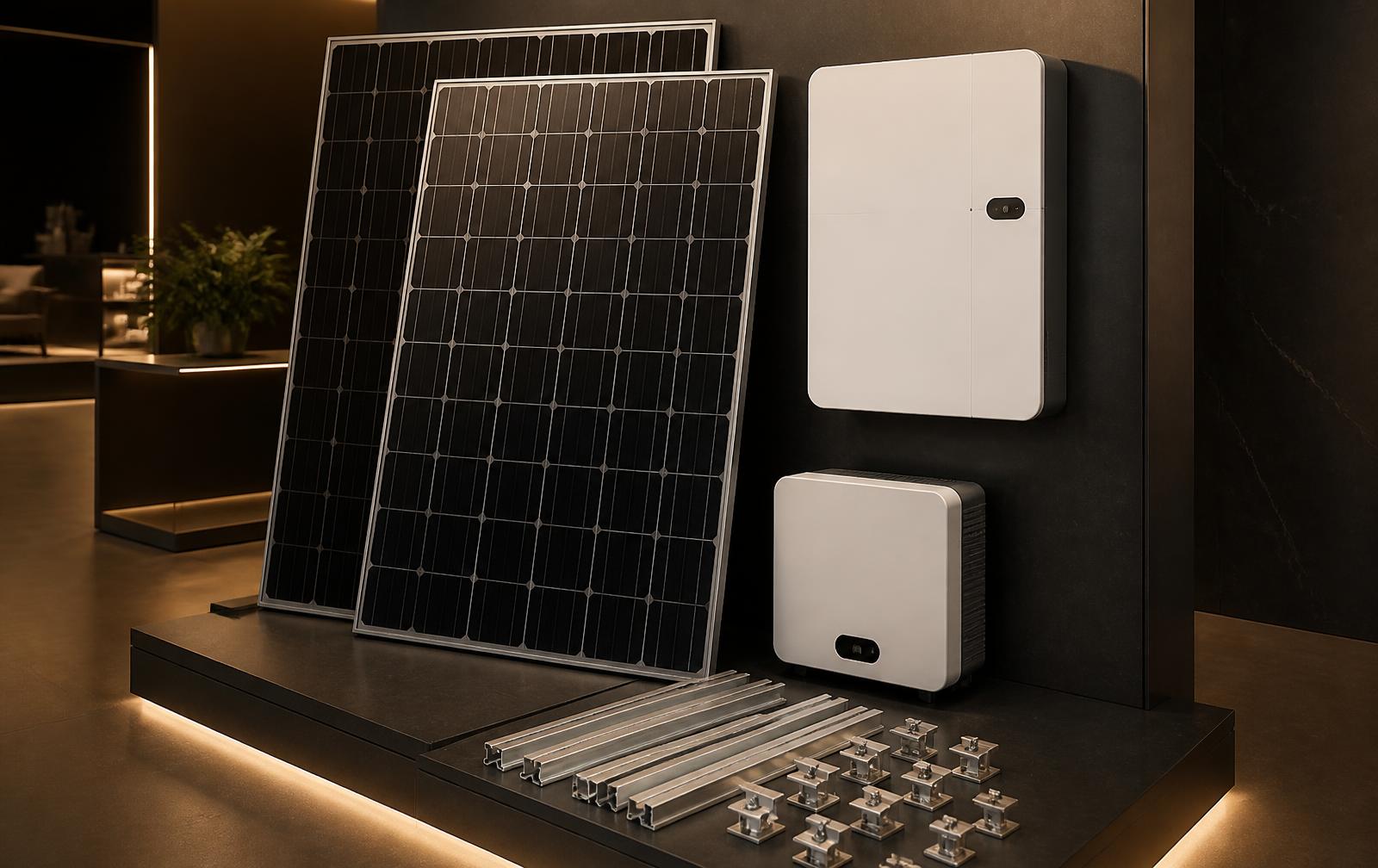 Premium solar panels, wall-mounted home battery, inverter and mounting hardware displayed in a dark showroom