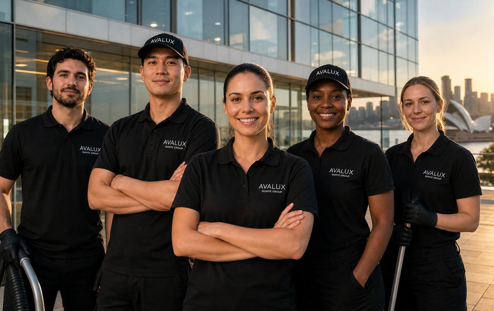 AVALUX professionals in uniform outside a Sydney commercial building